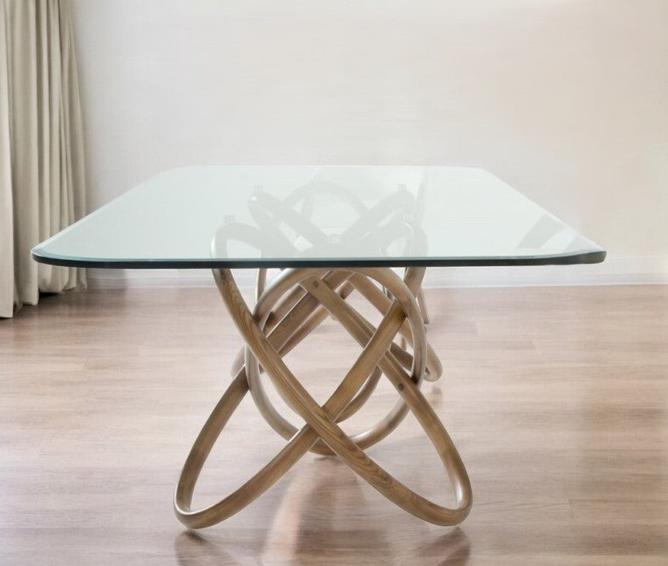 94" Clear And Natural Glass And Solid Wood Pedestal Base Dining Table