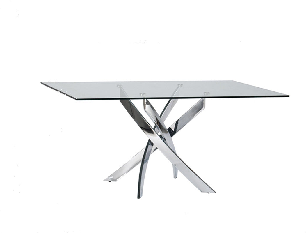 63" Clear Glass and Silver Stainless Steel Pedestal Dining Table