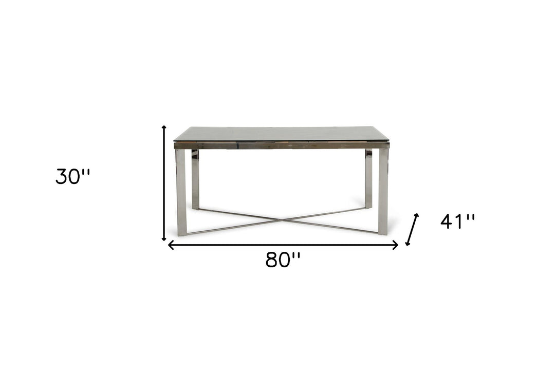 80" Rectangular Clear Glass and Silver Solid Wood Trestle Dining Table