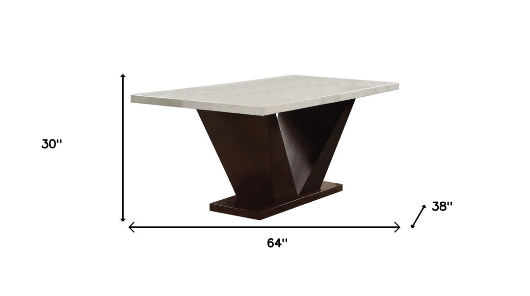 64" White and Dark Brown Marble Pedestal Base Dining Table