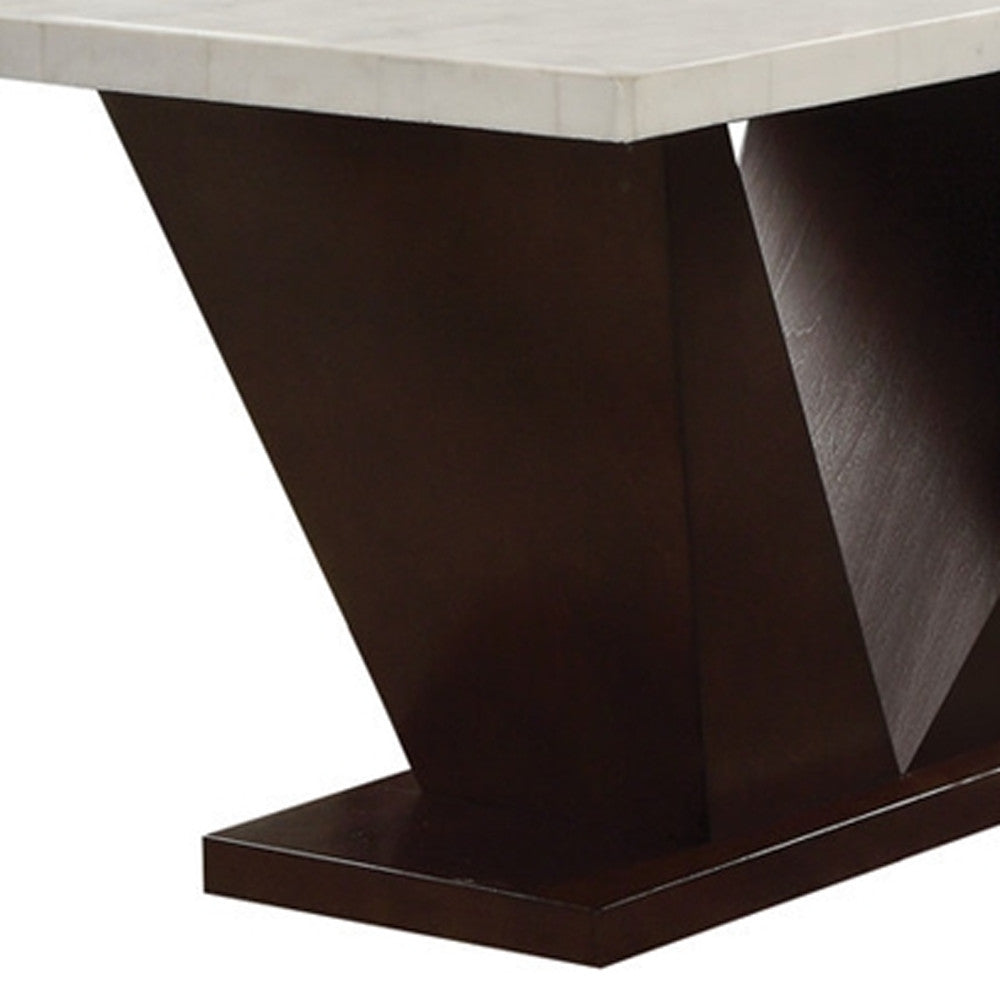 64" White and Dark Brown Marble Pedestal Base Dining Table