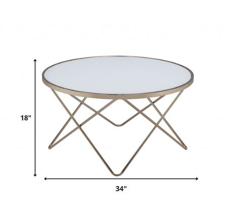 34" Black And Gold Glass And Iron Round Coffee Table