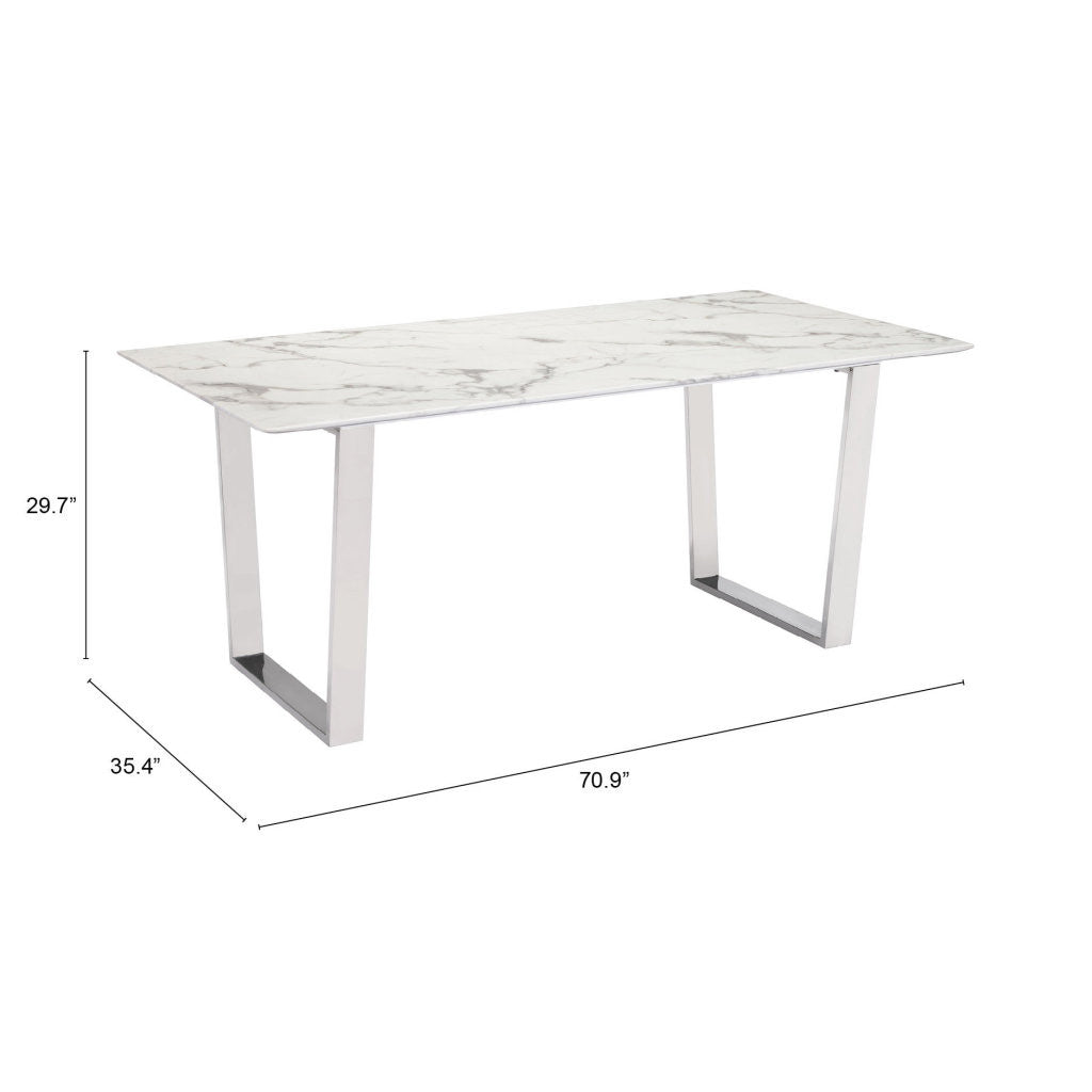 71" White and Silver Rectangular Marble Dining Table with Sled Base