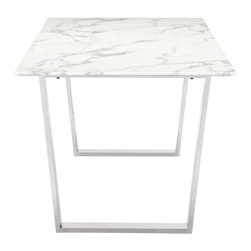 71" White and Silver Rectangular Marble Dining Table with Sled Base