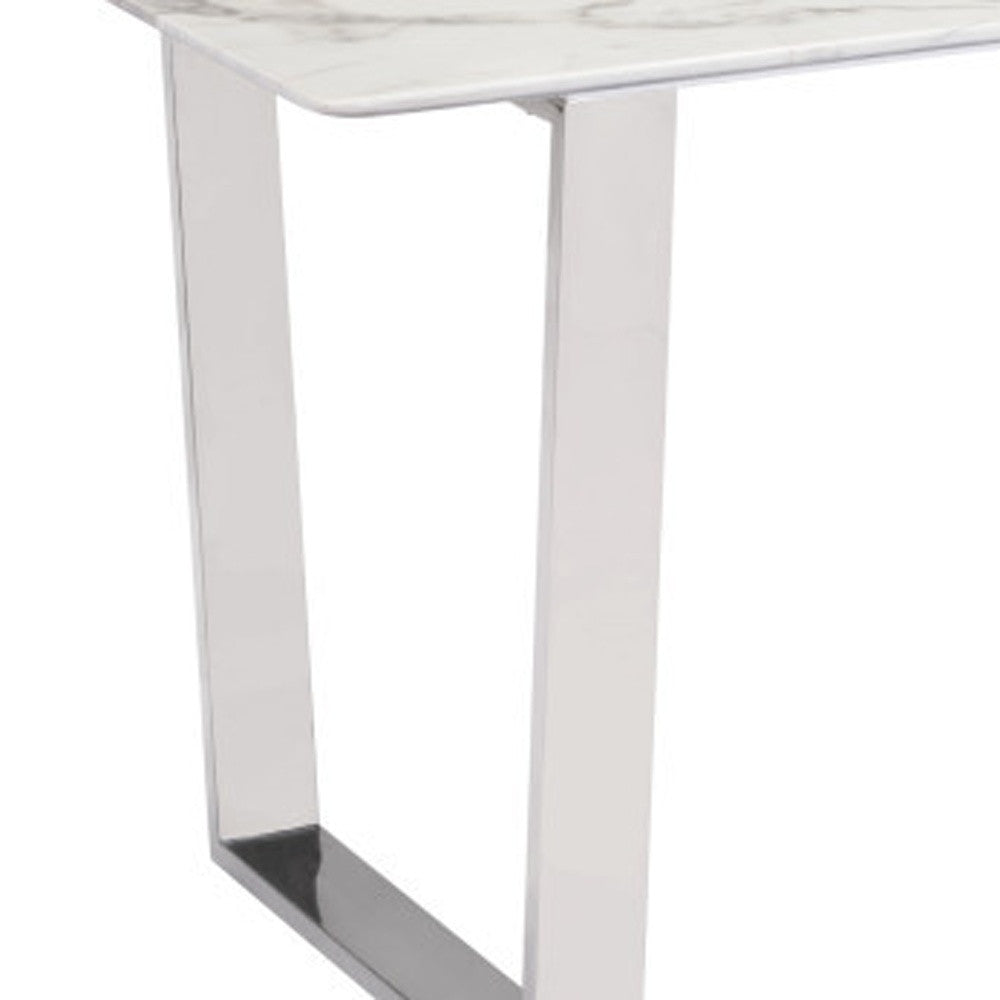 71" White and Silver Rectangular Marble Dining Table with Sled Base