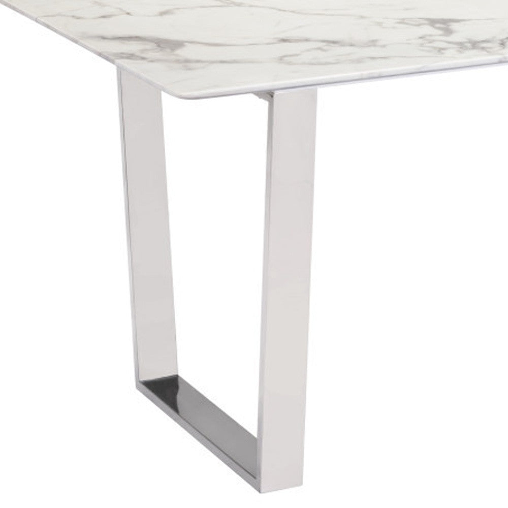 71" White and Silver Rectangular Marble Dining Table with Sled Base