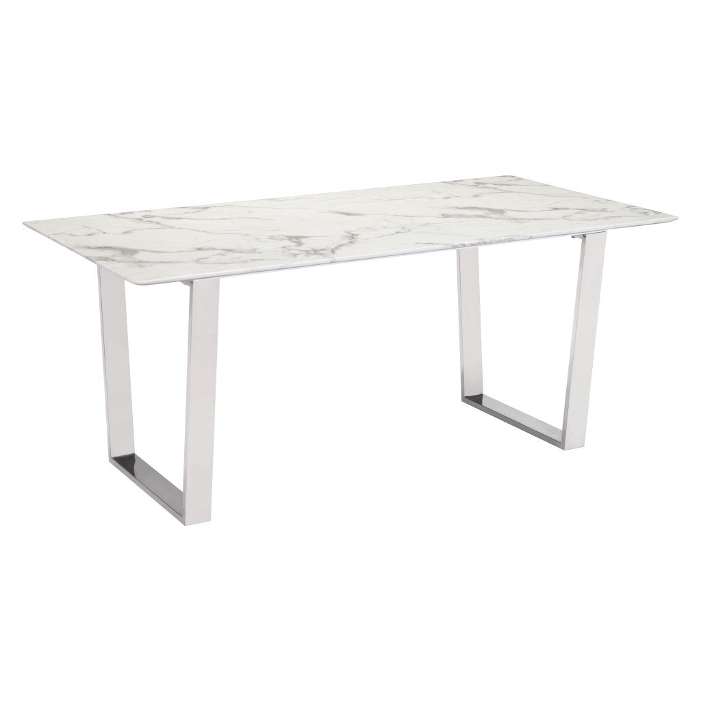 71" White and Silver Rectangular Marble Dining Table with Sled Base