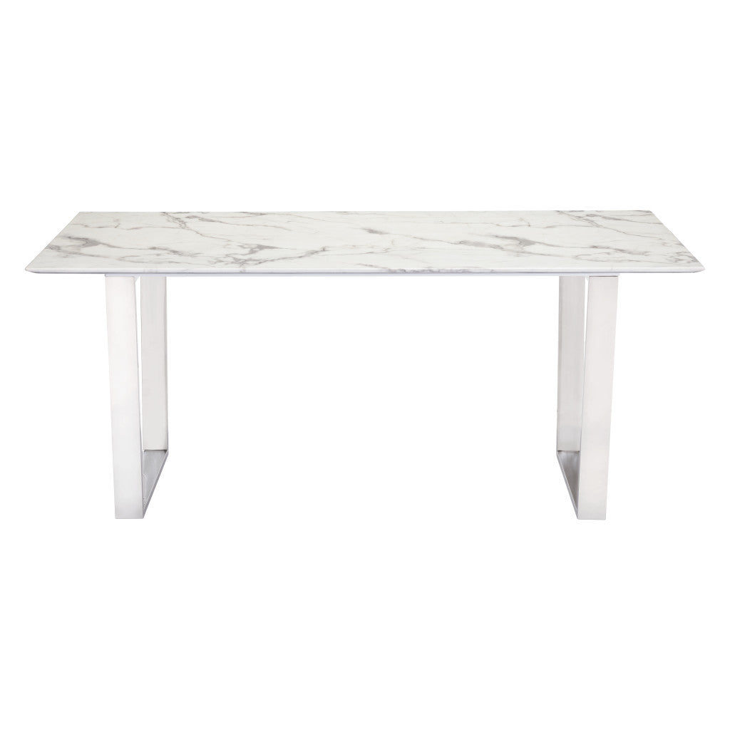 71" White and Silver Rectangular Marble Dining Table with Sled Base