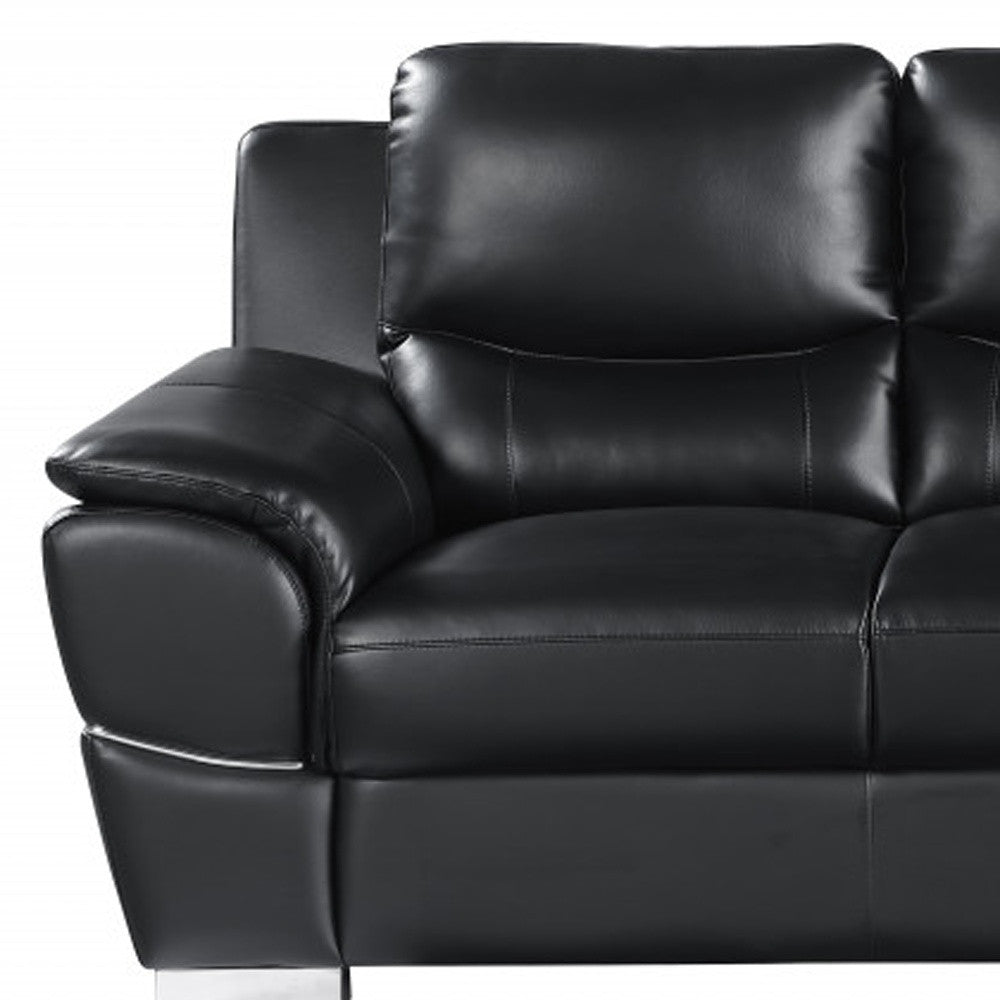 85" Black Leather Sofa With Silver Legs