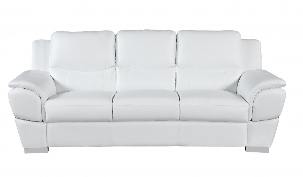 85" White Leather Sofa With Silver Legs