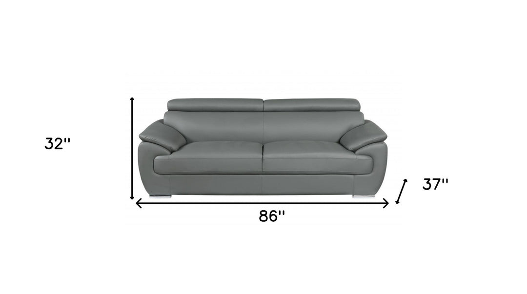 86" Gray Leather Sofa With Silver Legs