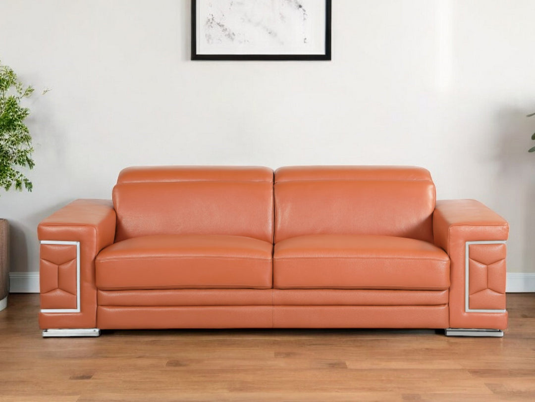 89" Camel Italian Leather Sofa With Silver Legs