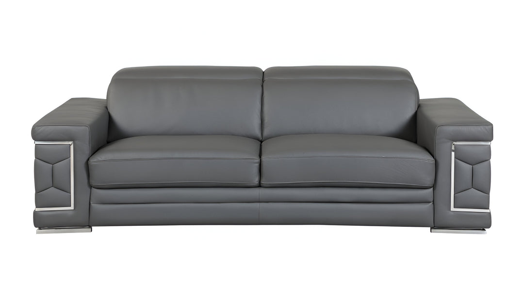 89" Dark Gray Italian Leather Sofa With Silver Legs