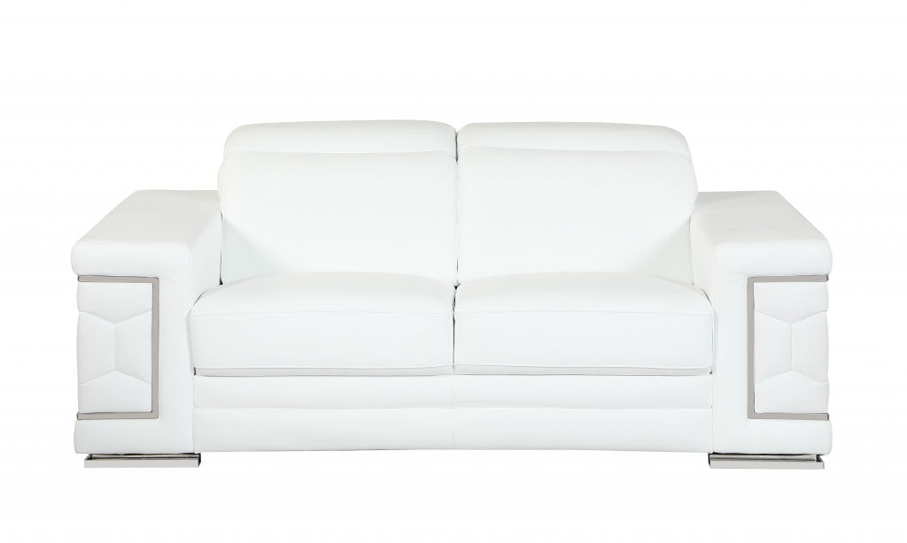 71" White Italian Leather Sofa With Silver Legs