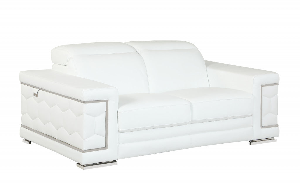 71" White Italian Leather Sofa With Silver Legs