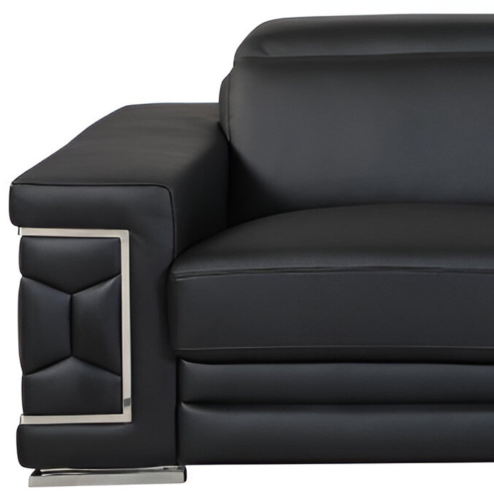 89" Black Italian Leather Sofa With Silver Legs