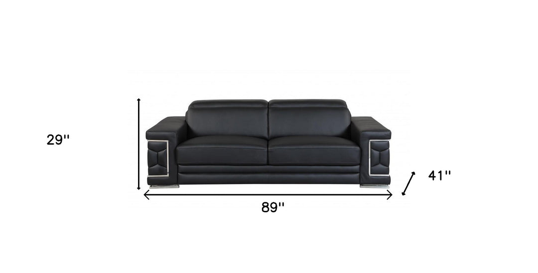 89" Black Italian Leather Sofa With Silver Legs