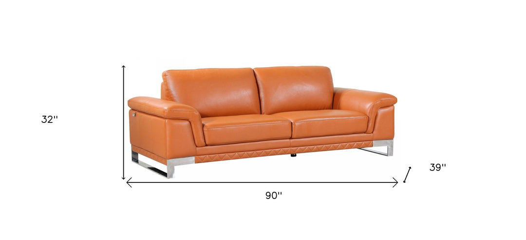 90" Orange Italian Leather Sofa With Silver Legs