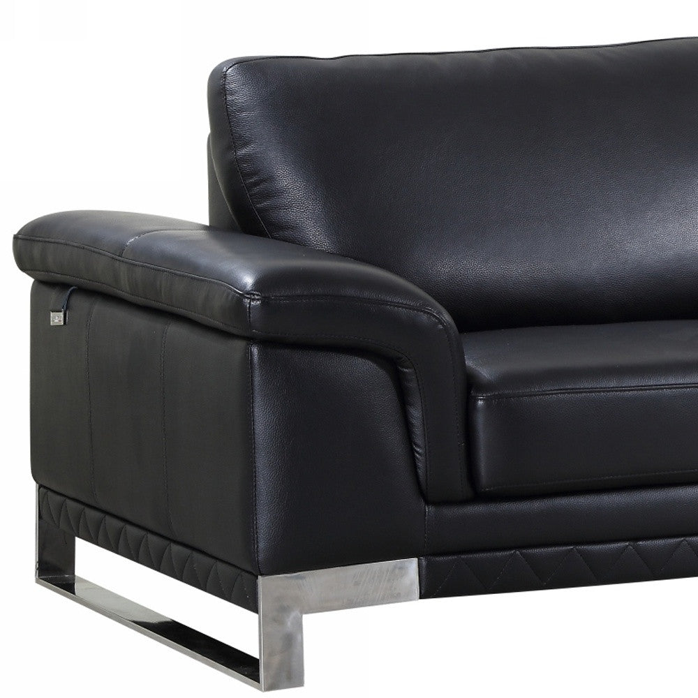 90" Black Italian Leather Sofa With Silver Legs