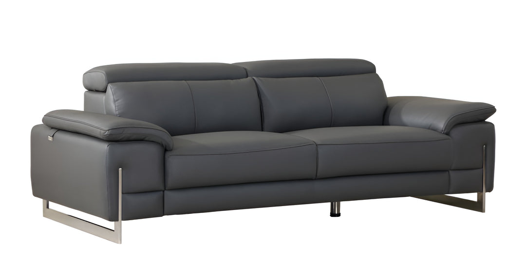 87" Dark Gray Italian Leather Sofa With Silver Legs