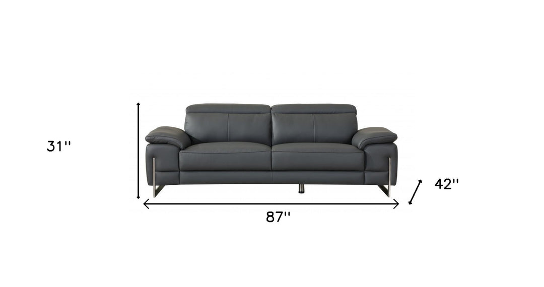 87" Dark Gray Italian Leather Sofa With Silver Legs