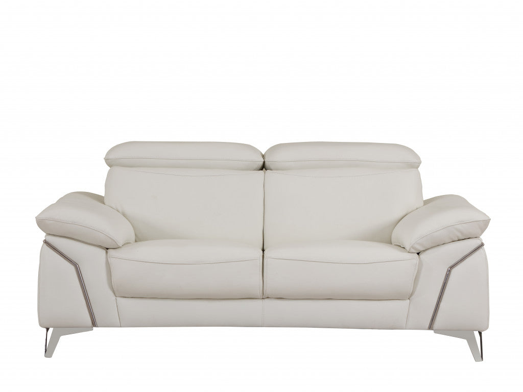 71" White Italian Leather Sofa With Silver Legs