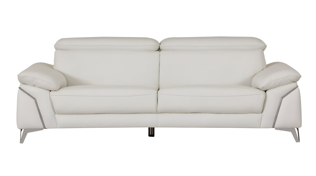 87" White Italian Leather Sofa With Silver Legs