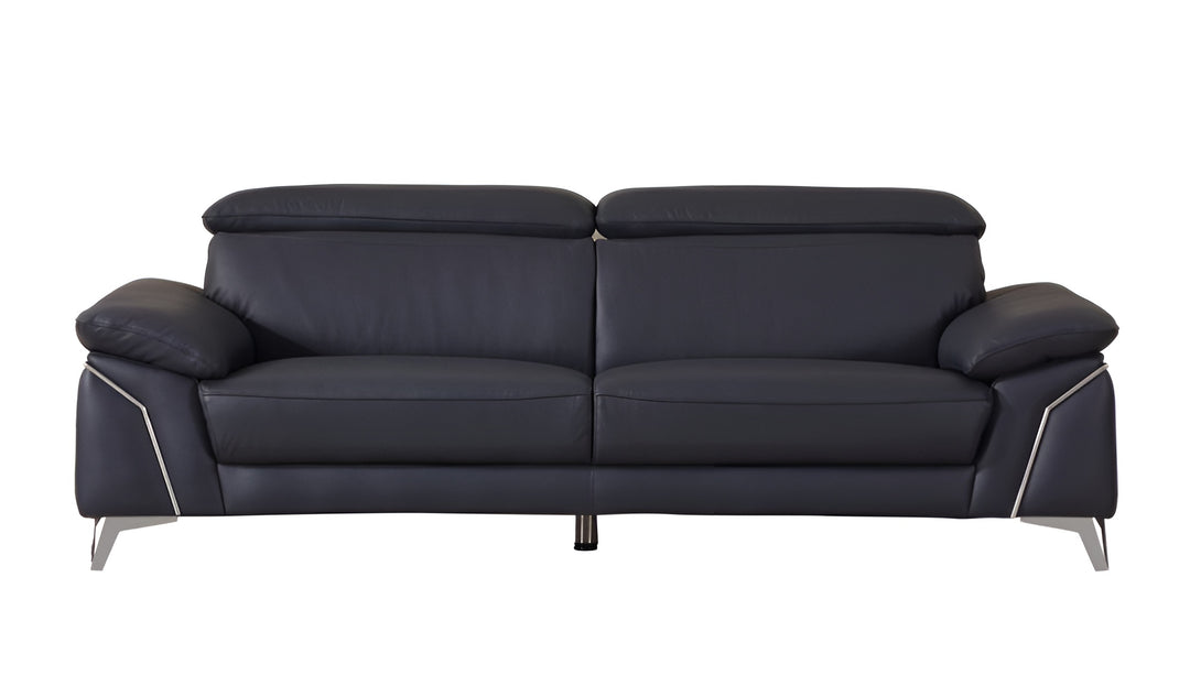 87" Blue Italian Leather Sofa With Silver Legs