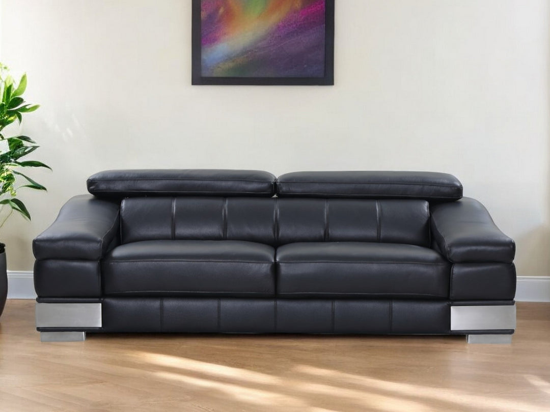 92" Black Italian Leather Sofa With Silver Legs