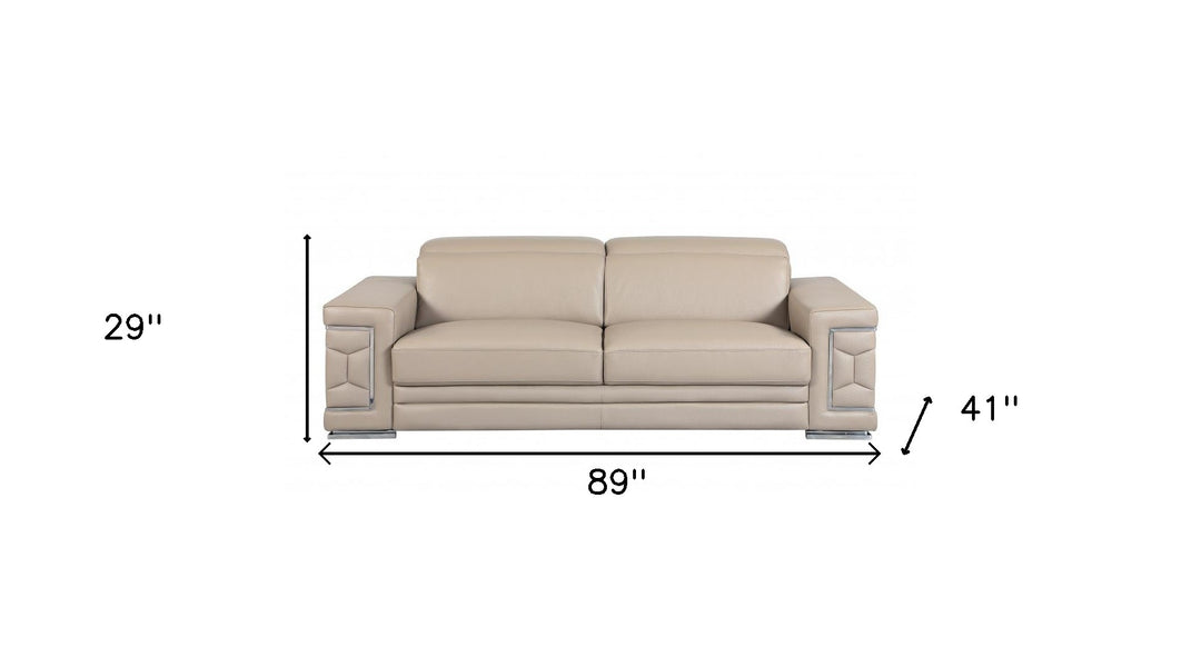 89" Beige Italian Leather Sofa With Silver Legs