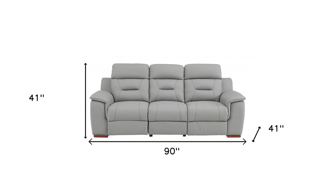 90" Gray Faux Leather Reclining Sofa With Brown Legs