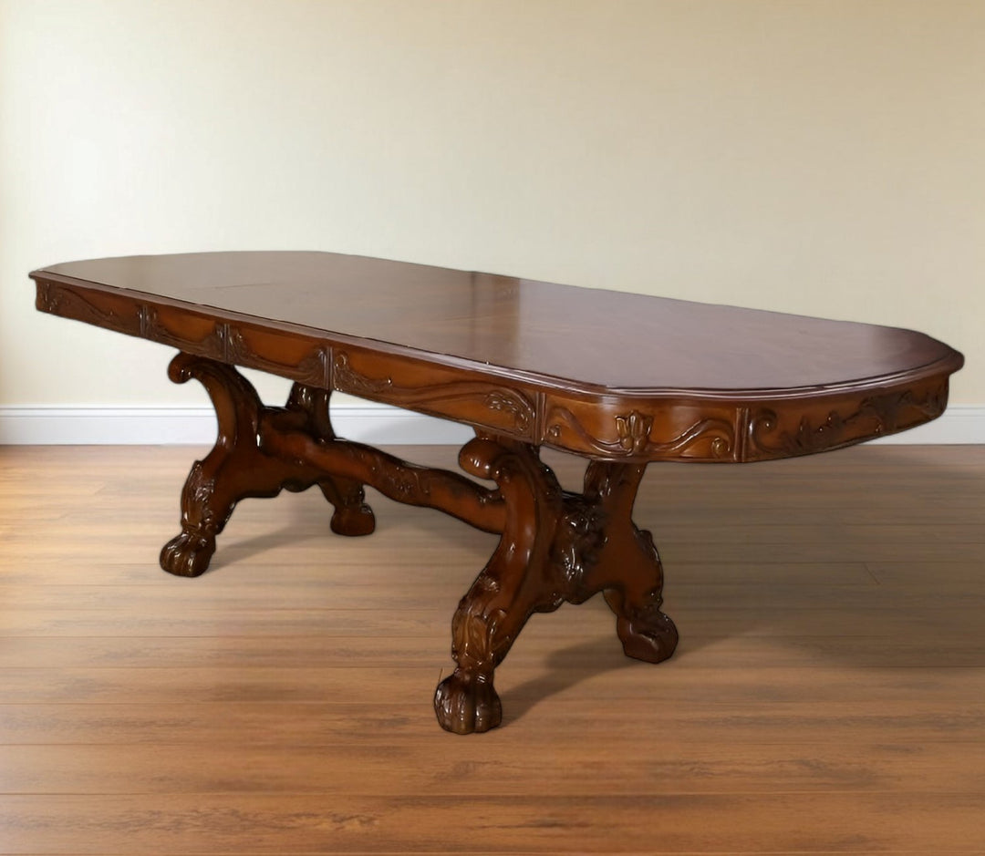 46" Dark Brown Free Form Solid Wood Double Pedestal Dining Table