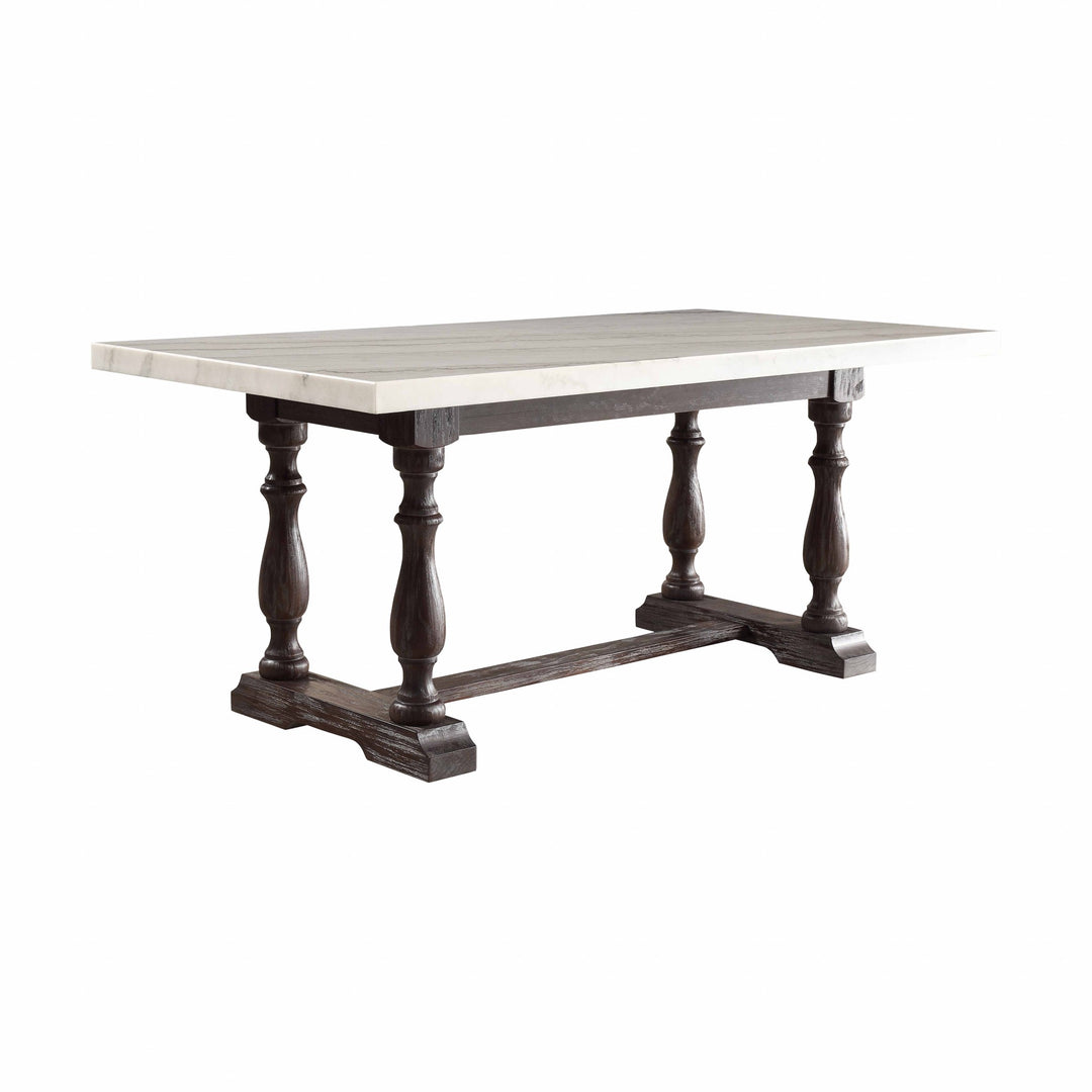 38-Inch White and Gray Marble Dining Table with Solid Wood Trestle Base