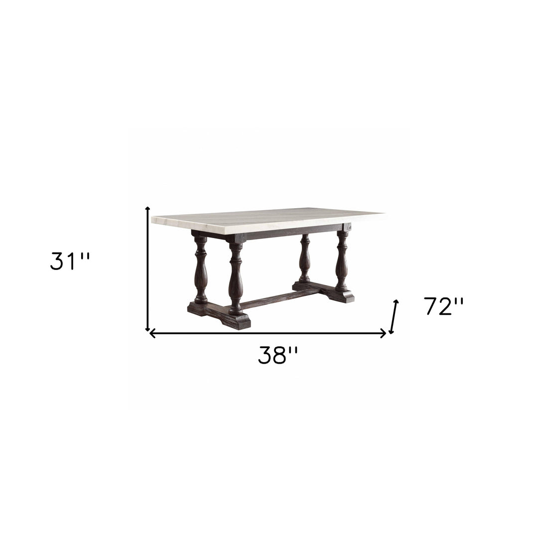 38-Inch White and Gray Marble Dining Table with Solid Wood Trestle Base