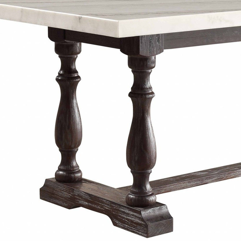 38-Inch White and Gray Marble Dining Table with Solid Wood Trestle Base