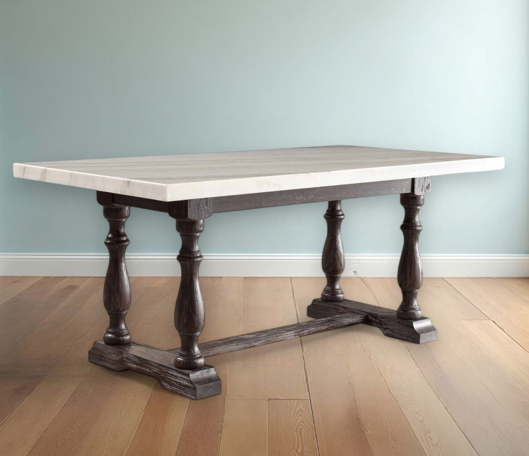 38-Inch White and Gray Marble Dining Table with Solid Wood Trestle Base