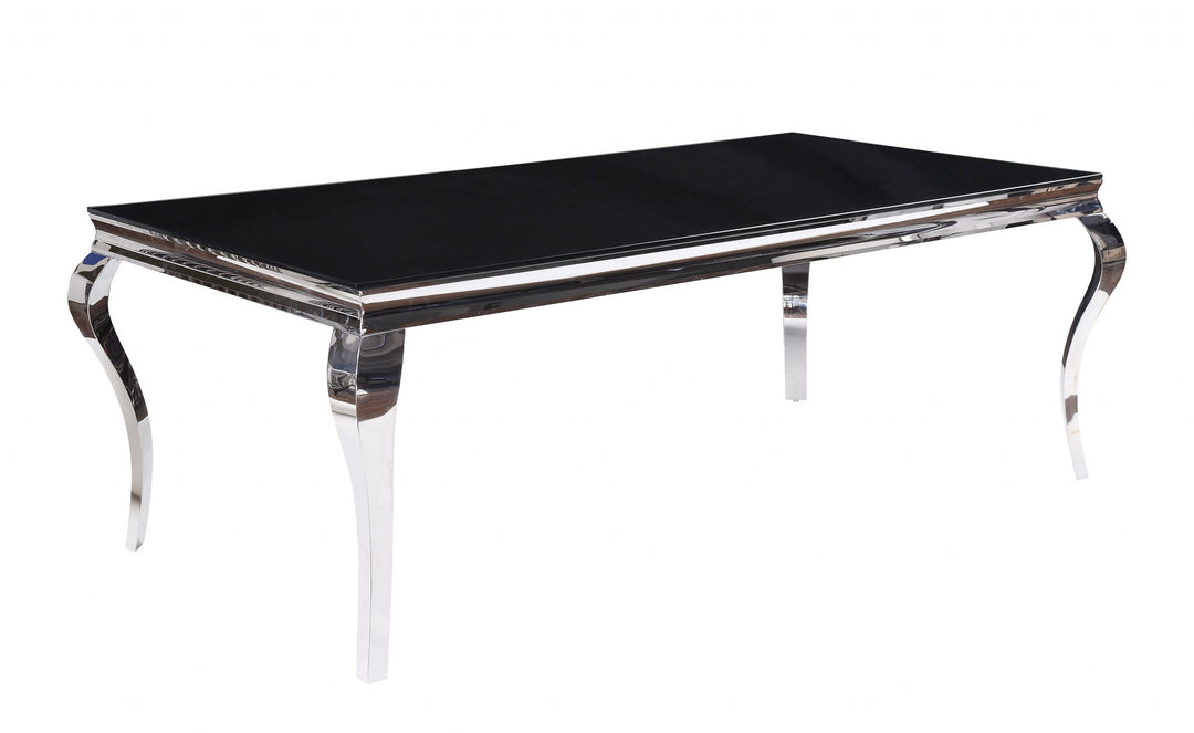 80" Black and White Glass Dining Table with Stainless Steel Base