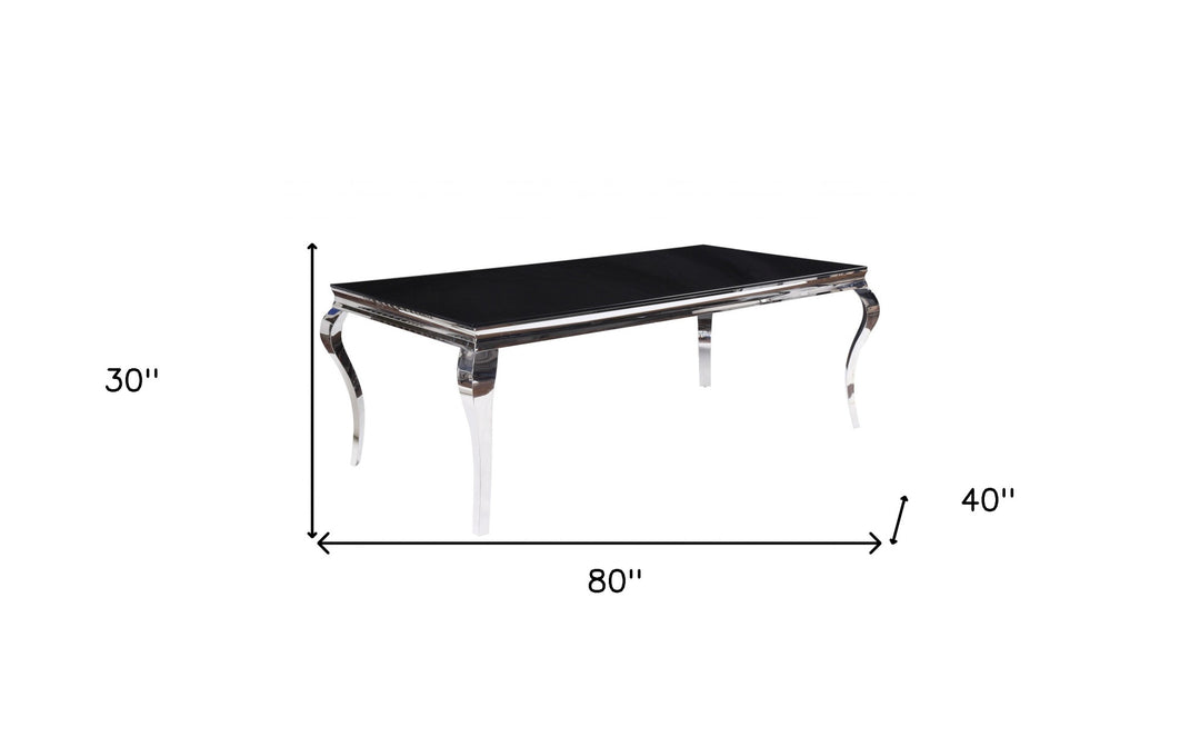 80" Black and White Glass Dining Table with Stainless Steel Base