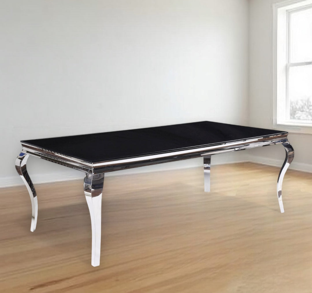 80" Black and White Glass Dining Table with Stainless Steel Base