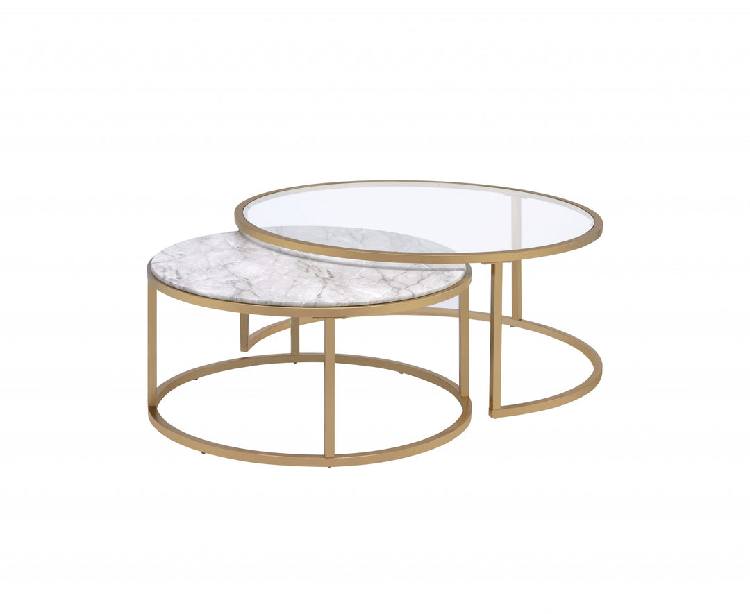 Set of Two 36" Clear White And Gold Glass Faux Marble And Iron Round Nested Coffee Tables