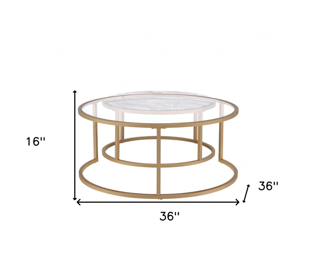 Set of Two 36" Clear White And Gold Glass Faux Marble And Iron Round Nested Coffee Tables