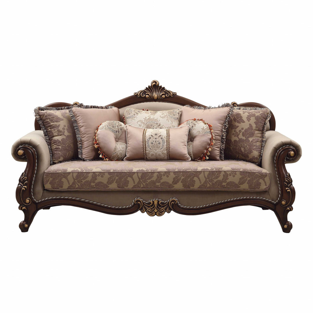 88" Beige Velvet Floral Sofa And Toss Pillows With Brown Legs