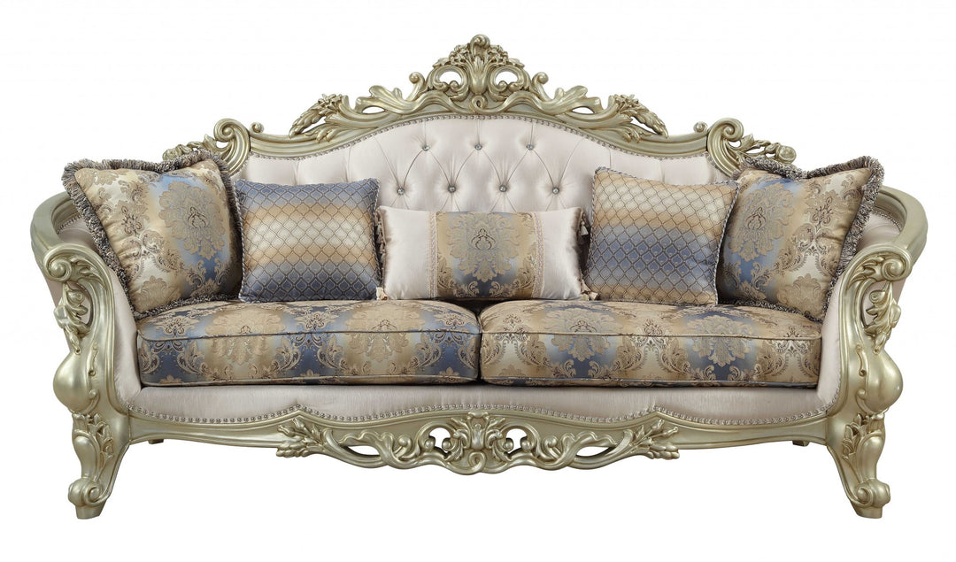 40" Antiqued White Velvet Curved Floral Sofa And Toss Pillows With Champagne Legs