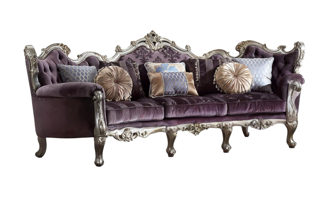 52" Curved Dark Purple Velvet Sofa with Toss Pillows and Platinum Legs