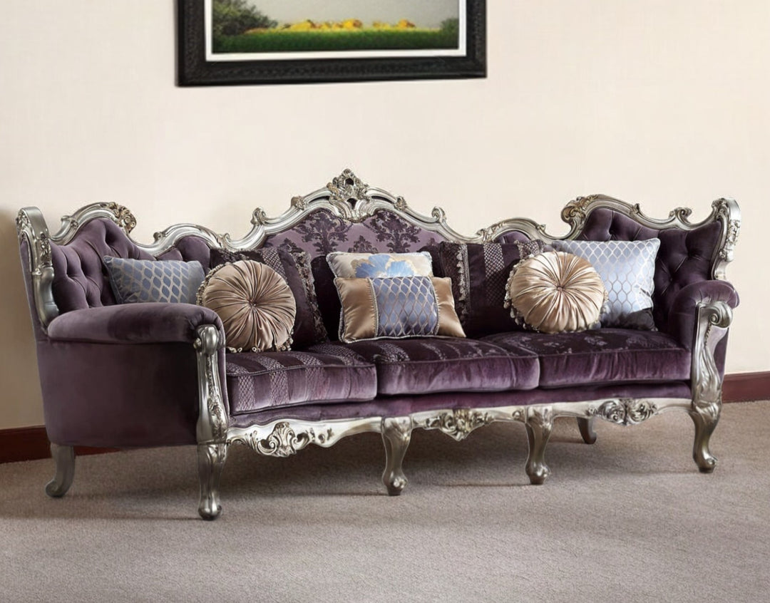 52" Curved Dark Purple Velvet Sofa with Toss Pillows and Platinum Legs