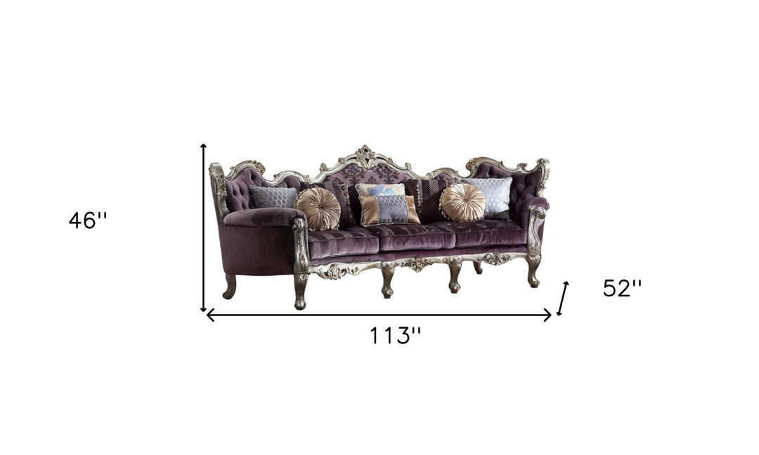 52" Curved Dark Purple Velvet Sofa with Toss Pillows and Platinum Legs