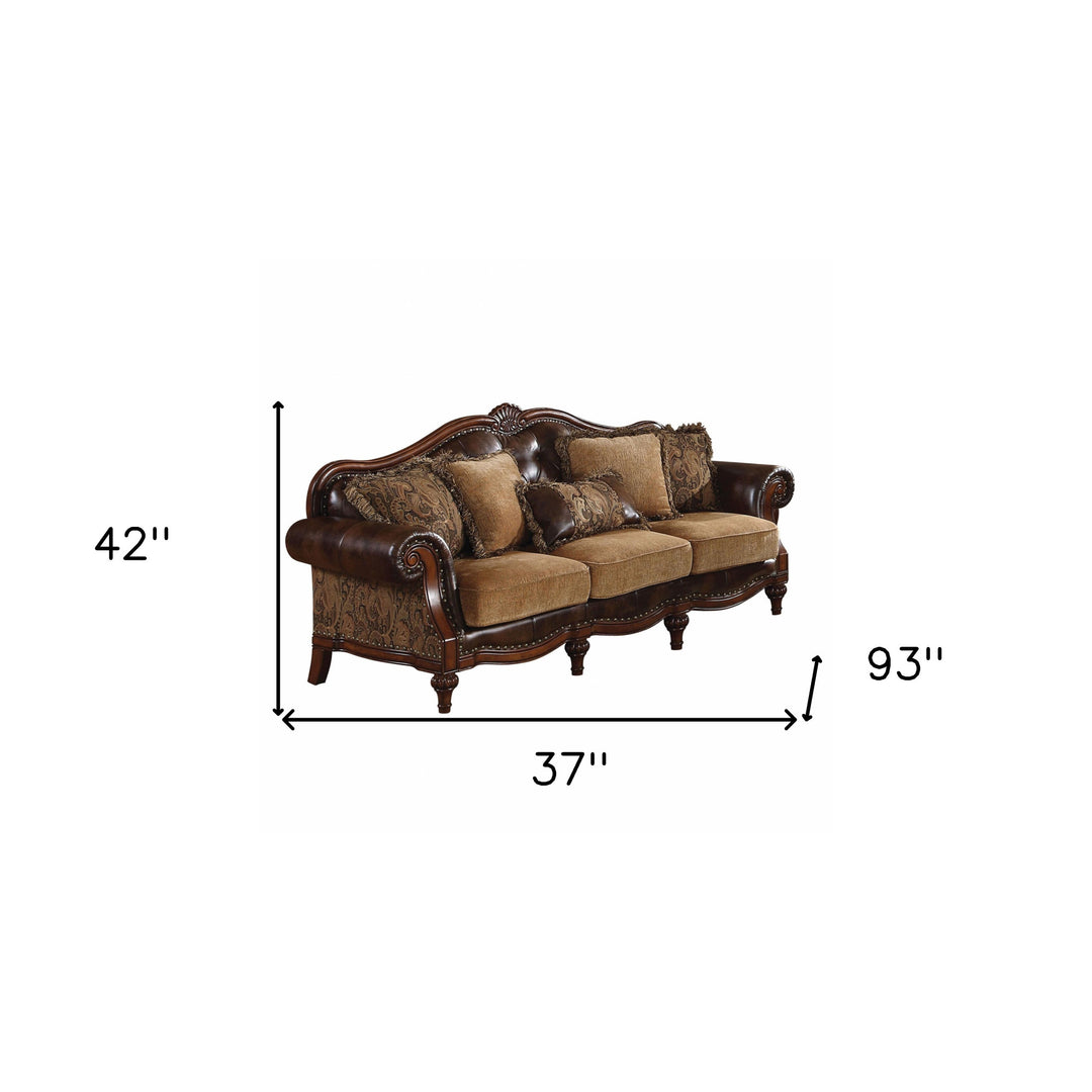 37" Brown Faux Leather and Chenille Sofa And Toss Pillows With Dark Brown Legs