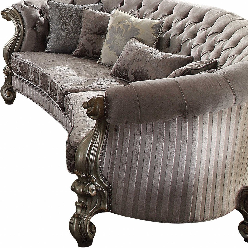 55" Gray Velvet Curved Floral Sofa with Toss Pillows and Champagne Legs