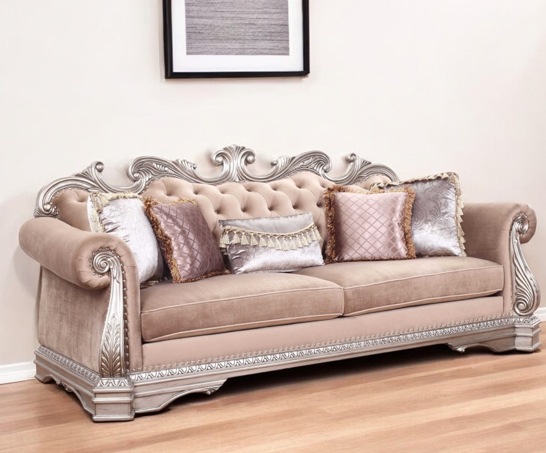 42" Rosegold Velvet Sofa And Toss Pillows With Silver Legs