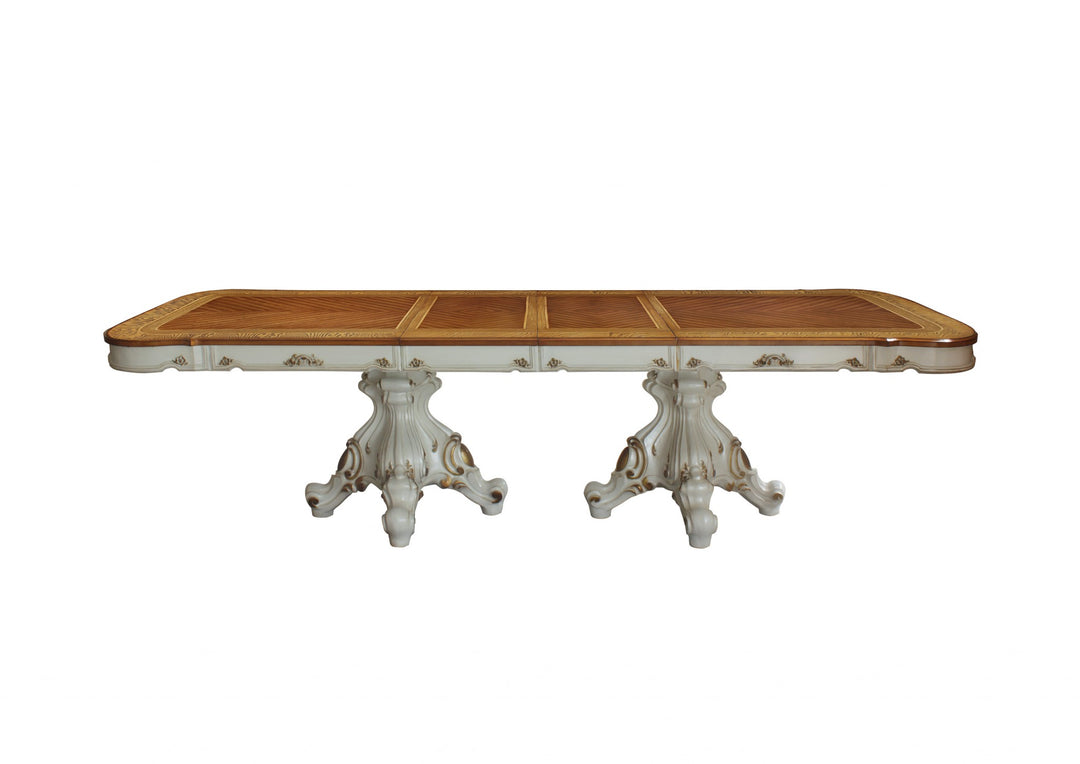 49" Brown and White Double Pedestal Base Solid Wood Dining Table